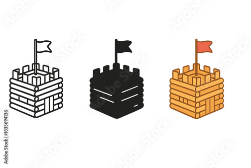 Popsicle Stick Fortress. Miniature fort constructed entirely from popsicle sticks with small flag on top, first in line style with