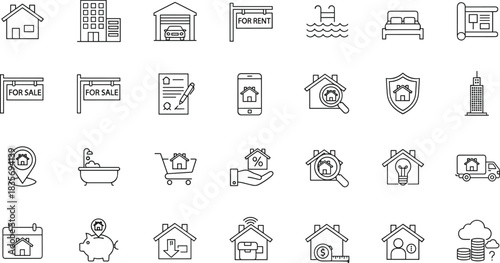 Real Estate, Property Management, Housing, and Rent Vector Icons Set Showing House Sale, Buying, Renting, Mortgage, and Home Inspection Symbols.