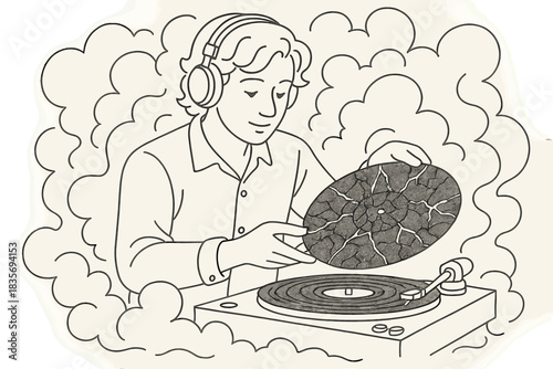 Volcanic Vinyl Vibes. Musician placing volcanic glass record onto turntable surrounded by smoky environment, first in line style