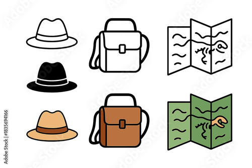Paleontologist Gear Icons. Paleontologist hat, satchel, field map, first in line style with thin outline, second in solid style