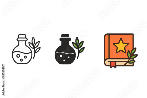 Magic Objects Trio. Potion Herb Spellbook first in line style with thin outline, second in solid style filled shape, third in flat