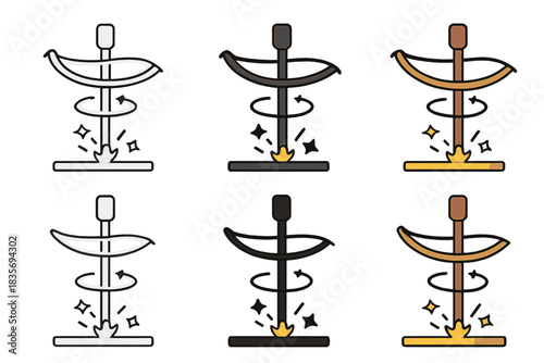 Bow Friction Drill Techniques. Bow friction drill with rotational motion and sparks forming, simple minimal vector design, first