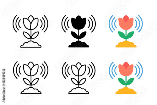 Flower Sonic Waves. Blooming flower reacting to sonic pulses with radiating waves, simple minimalist vector illustration, first in