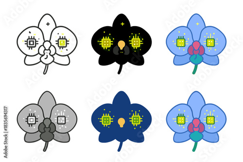 Tech-Infused Orchid Icon. Orchid with translucent petals and tiny glowing memory chips embedded, minimal vector icon, first in