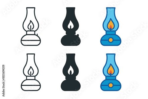 Oil Lamp Illustrations. Oil lamp with curved glass chimney and glowing wick, simple minimalist vector illustration, first in line