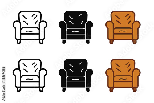 Iconic Armchair Styles. Classic armchair with aged leather upholstery and soft creases, minimal vector icon, first in line style