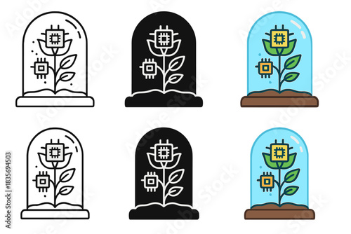 Hybrid Memory Plants Dome. Transparent dome enclosing hybrid memory plants, microchips embedded in petals radiating subtle glow,