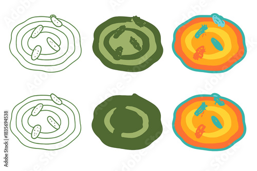 Colorful Microbial Pools. Acidic pool microhabitat with thermophilic microorganisms floating in concentric color zones, abstract