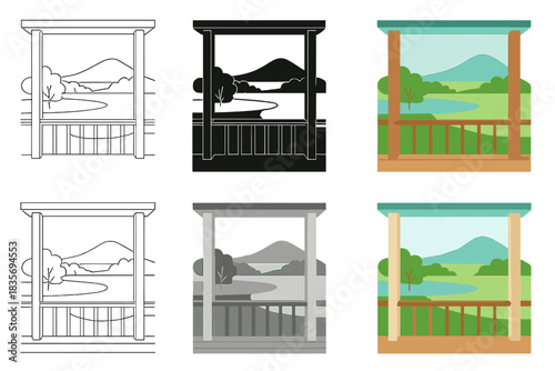 Layered Landscape Serenity. Pavilion veranda overlooking layered landscape — pond, trees, and faraway hill merging in perspective,
