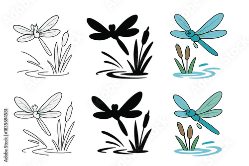 Dragonfly and Cattails Harmony. Dragonfly hovering near cattails above soft ripples, dynamic yet tranquil natural balance, first