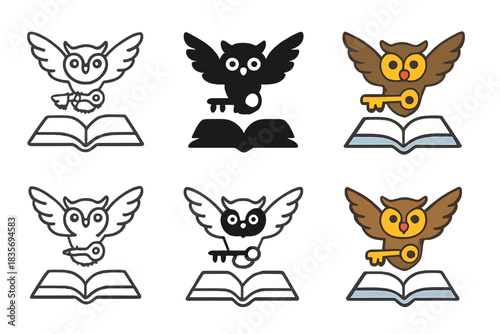 Owl with Key. Owl flying with a key in its beak above an open book, clean symbolic vector icons, first in line style with thin