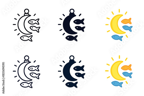 Fish Around Moon. Fish swimming around a glowing crescent moon lantern, minimalist vector icon set, first in line style with thin
