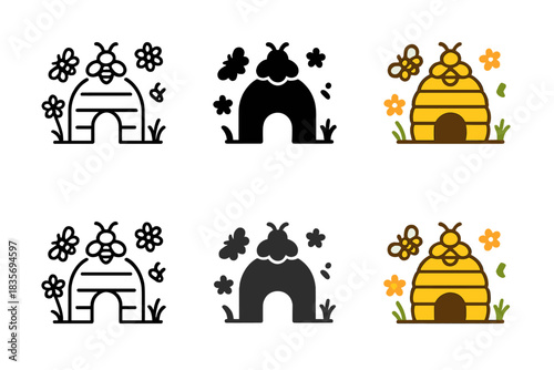 Beehive Archway Icons. Hive entrance shaped like a bridge arch surrounded by small bees and flowers, clean geometric vector icons,