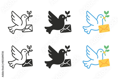 Dove with Olive Branch. Dove Branch Letter, peaceful icon showing a dove carrying an olive branch and a folded letter in its beak,