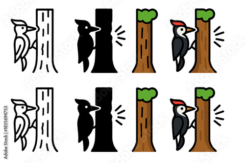 Woodpecker Tree Icons. Woodpecker Tree Rhythm, lively forest icon showing a woodpecker tapping on a tall tree trunk with rhythmic