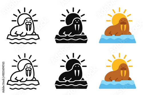 Arctic Walrus Sunrise. Walrus Tusk Sun, arctic icon showing a walrus resting on ice with large tusks glinting under the rising sun
