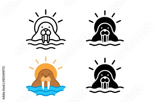 Walrus Tusk Dawn. Walrus Tusk Sun, minimalist northern form uniting calm water, long tusks, and dawn radiance, first in line style