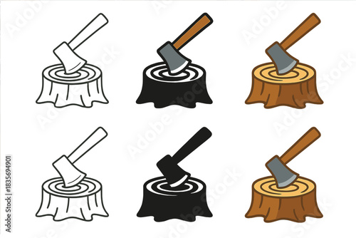 Axe on Pine Stump. Axe stuck in pine stump with concentric ring pattern visible on wood, calm balanced layout, first in line style