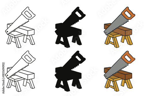 Saw Cutting Precision. Saw cutting through wooden beam, bench surface visible beneath, precise clean form, first in line style