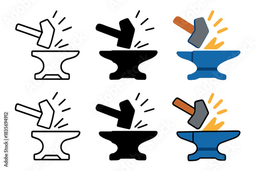 Sparks Fly Blacksmithing. Blacksmith hammer hitting anvil edge, sparks scattering upward, simple iconic motion, first in line