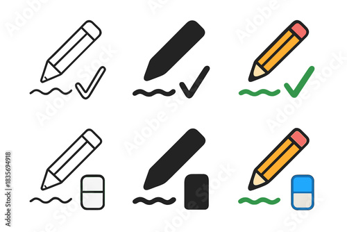 Pencil Eraser Art. Pencil and eraser beside corrected line, clean workspace symbol, first in line style with thin outline, second