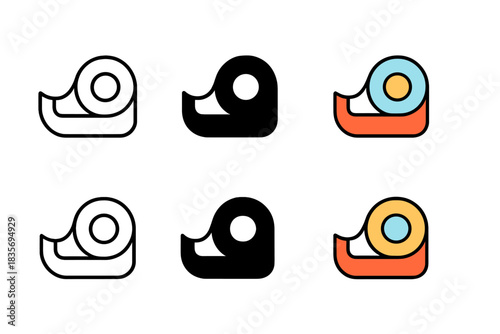Tape Dispenser Icons. Dispenser icon with partially unrolled tape curling forward, smooth adhesive motion, first in line style