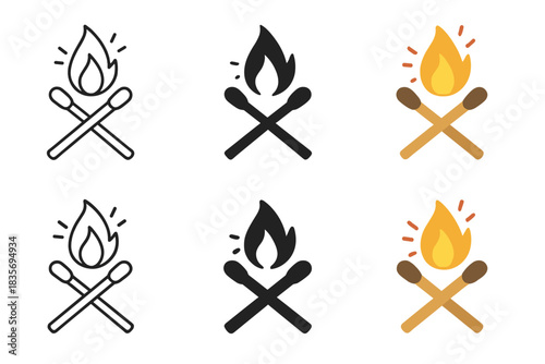 Dynamic Matchstick Art. Two crossed matchsticks, one lit producing flame and spark trails, visual balance of motion, first in line