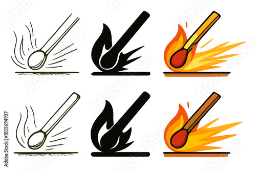 Matchstick Striking Fire. Close-up of matchstick striking rough surface with bright fire trail, clean dynamic form, first in line