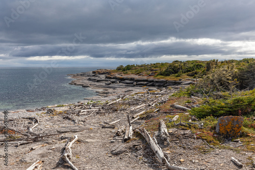Colorful Limestone Cliffs and Rocky Shoreline and Beach Covered With Drift wood, Petite Ile au Marteau Island near Havre Saint Pierre, Quebec, Canada on a Cloudy Autumn Day