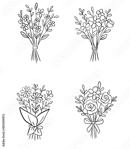 Hand Drawn Floral Bouquets Line Art Set | Botanical Outline Flowers Illustration