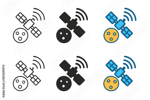 Satellite Signal Variations. Orbital satellite circling small planet with signal arcs radiating outward, smooth symmetry, first in