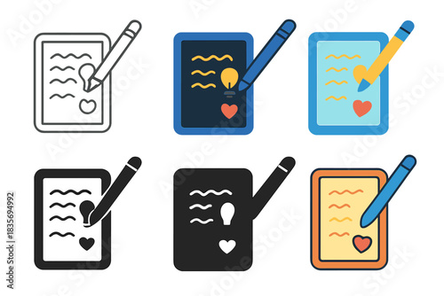 Stylus and Tablet Styles. Stylus touching tablet with notes and doodles, first in line style with thin outline, second in solid