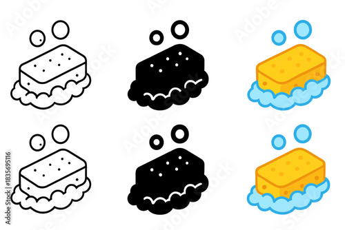 Soap Suds Variations. Cleaning sponge with soap suds and animated bubble arcs, first in line style with thin outline, second in