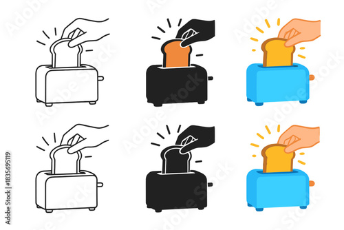 Toaster Toast Animation. Hand removing toast from toaster with animated pop arcs and glow, first in line style with thin outline,