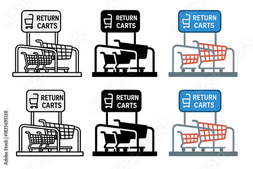 Shopping Cart Racks. Shopping cart returning area with metal racks first in line style with thin outline, second in solid style