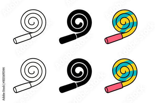 Party Blower Designs. Folded party blower coiled in spiral shape first in line style with thin outline, second in solid style