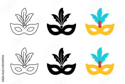 Elegant Masquerade Masks. Elegant masquerade mask with feather plume first in line style with thin outline, second in solid style