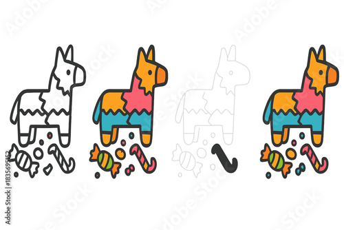 Colorful Pinata Explosion. Candy pieces scattered under cracked pinata first in line style with thin outline, second in solid