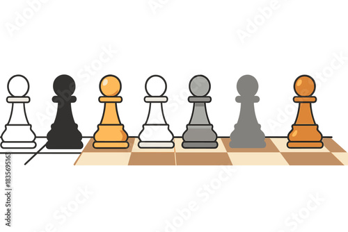 Diverse Chess Pawn Styles. Row of pawns advancing in formation on chessboard first in line style with thin outline, second in
