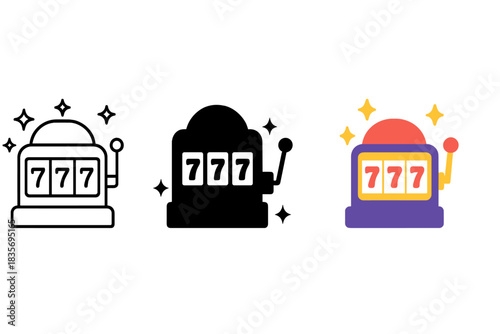 Slot Machine Styles. Casino slot machine with flashing lights and lever first in line style with thin outline, second in solid