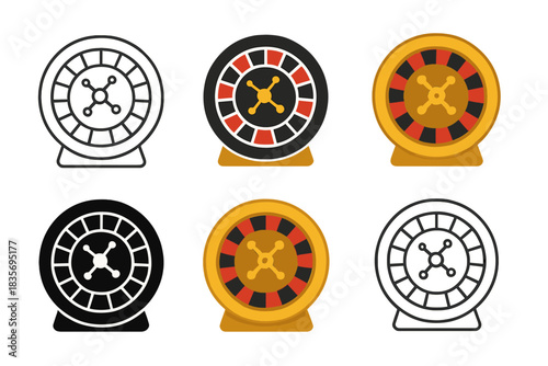 Vibrant Roulette Wheel. Roulette wheel spinning with red and black slots first in line style with thin outline, second in solid