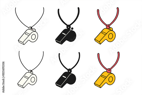 Whistle Styles Showcase. Close-up of whistle hanging from safety lanyard first in line style with thin outline, second in solid