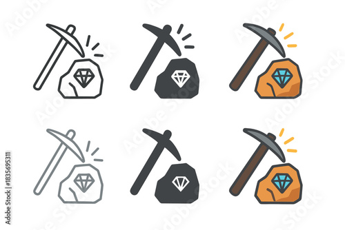 Pickaxe Revealing Gem. Pickaxe striking rock with spark and gem inside first in line style with thin outline, second in solid