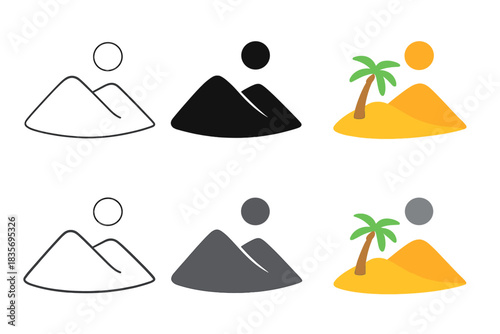 Stylized Hill Levels. Sand Hill Level first in line style with thin outline, second in solid style filled shape, third in flat