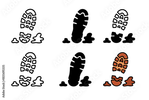 Stylized Boot Soles. Boot Sole Mud first in line style with thin outline, second in solid style filled shape, third in flat style