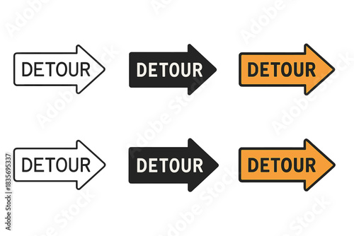Arrow Signs Variety. Sign Arrow Detour first in line style with thin outline, second in solid style filled shape, third in flat