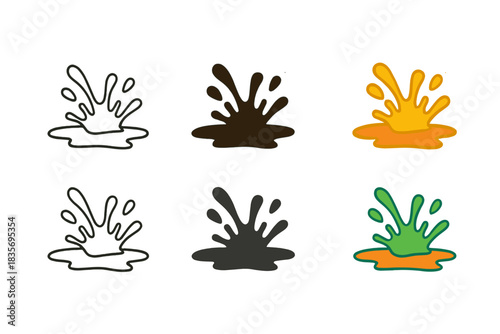 Mud Splash Art Styles. Mud Splash Trail first in line style with thin outline, second in solid style filled shape, third in flat