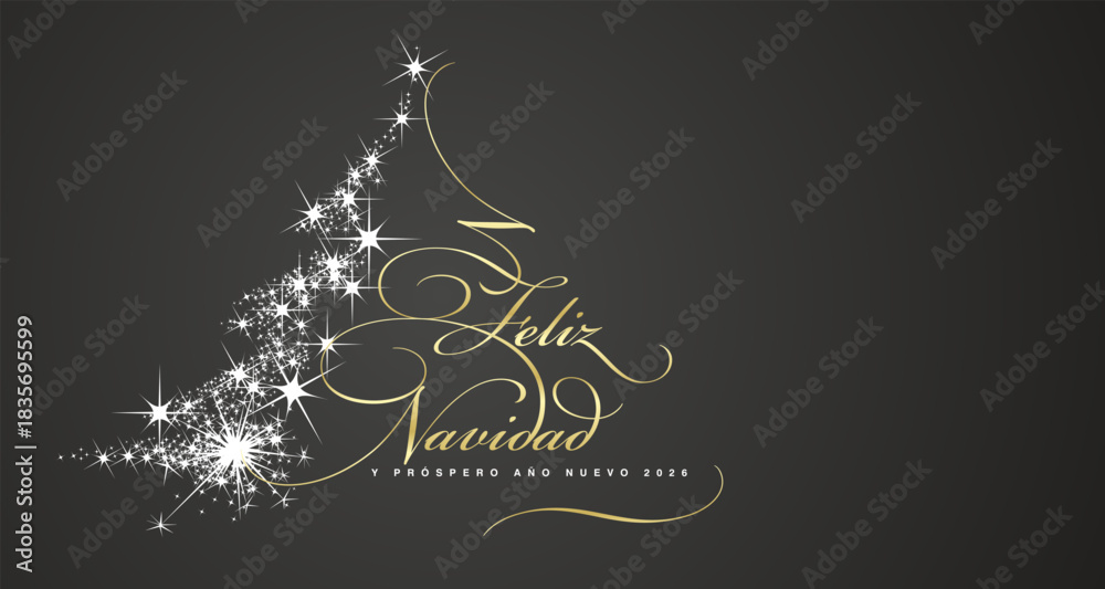 Naklejka premium Merry Christmas and Happy New Year 2026 Spanish language golden white light script calligraphy typography with glitter sparkle stardust in shape of Christmas tree black background greeting card