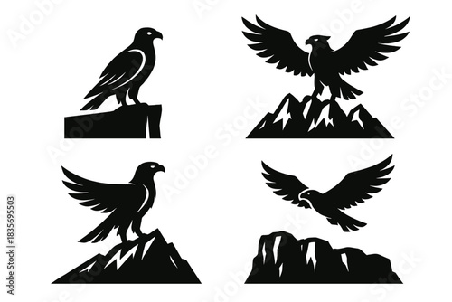Guardian Bird on Horizon. Icons for: a cliff horizon meeting a vigilant flier, a rocky skyline touching a fierce winged guardian,