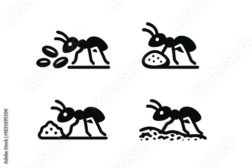 Tiny Forager Icons. Icons for: Ant Grain Pebble, a tiny forager near small seeds, a minute mover beside fine stones, a diligent